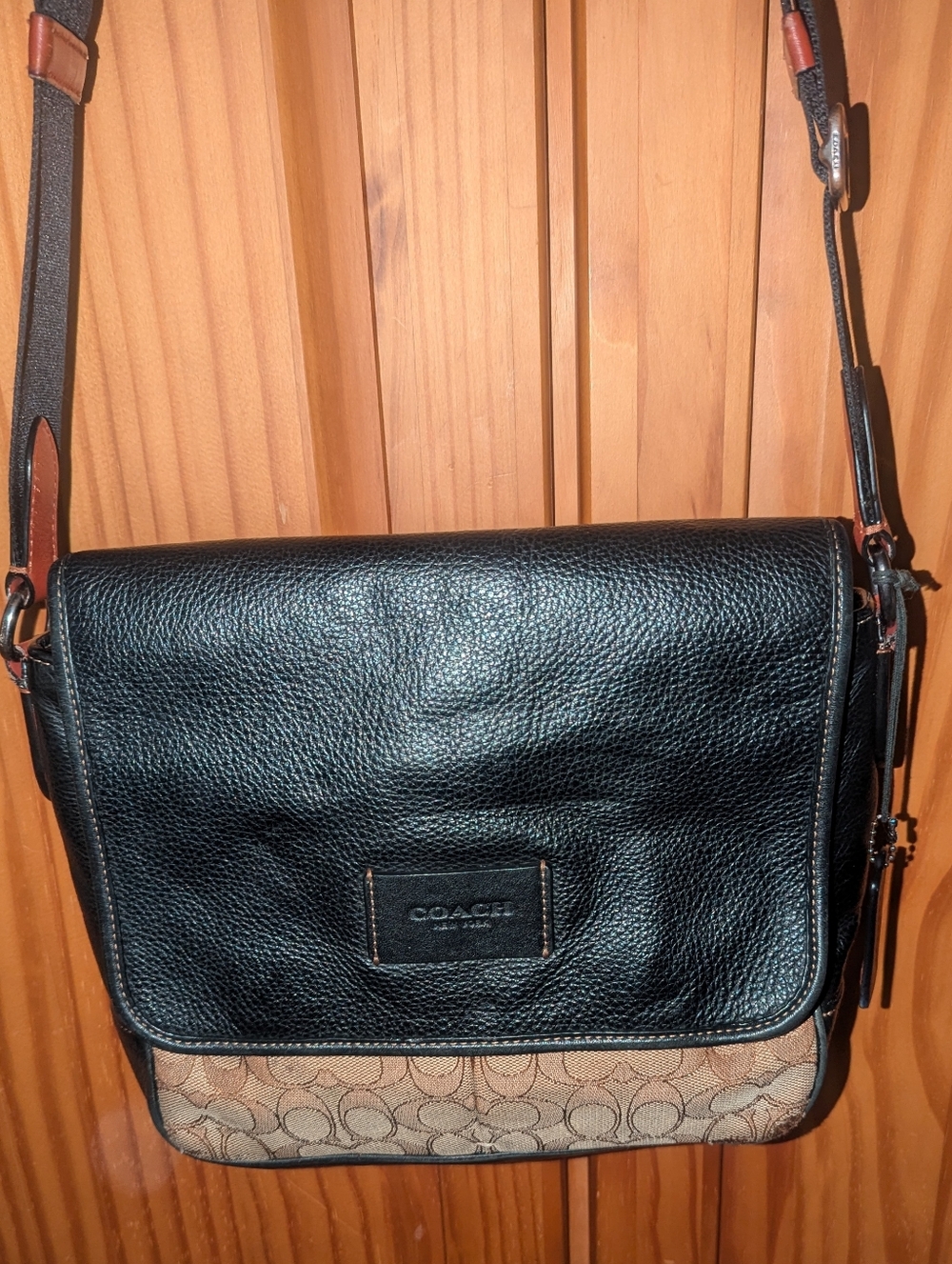Coach Sprint Map Bag 25 Black Leather & Brown Signature Messenger Bag